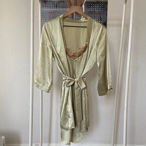 Vintage pistacchio satin slip and robe set